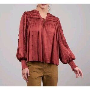 $395 Ulla Johnson Mila Top Blouse Women's Size 6 Desert Rose Satin Long Sleeve